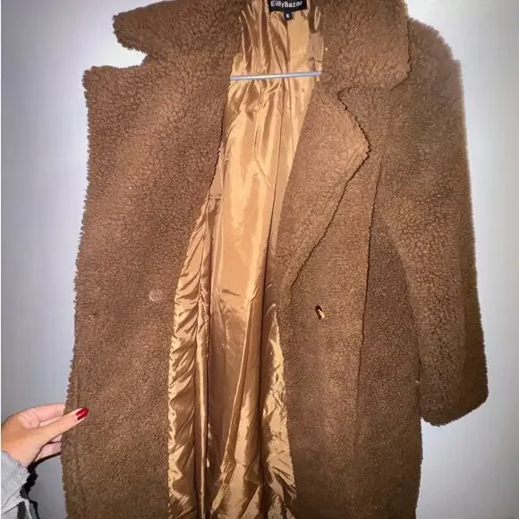 Eilly Bazar Double Button Teddy Midi Coat-Brown-Medium - Picture 6 of 9